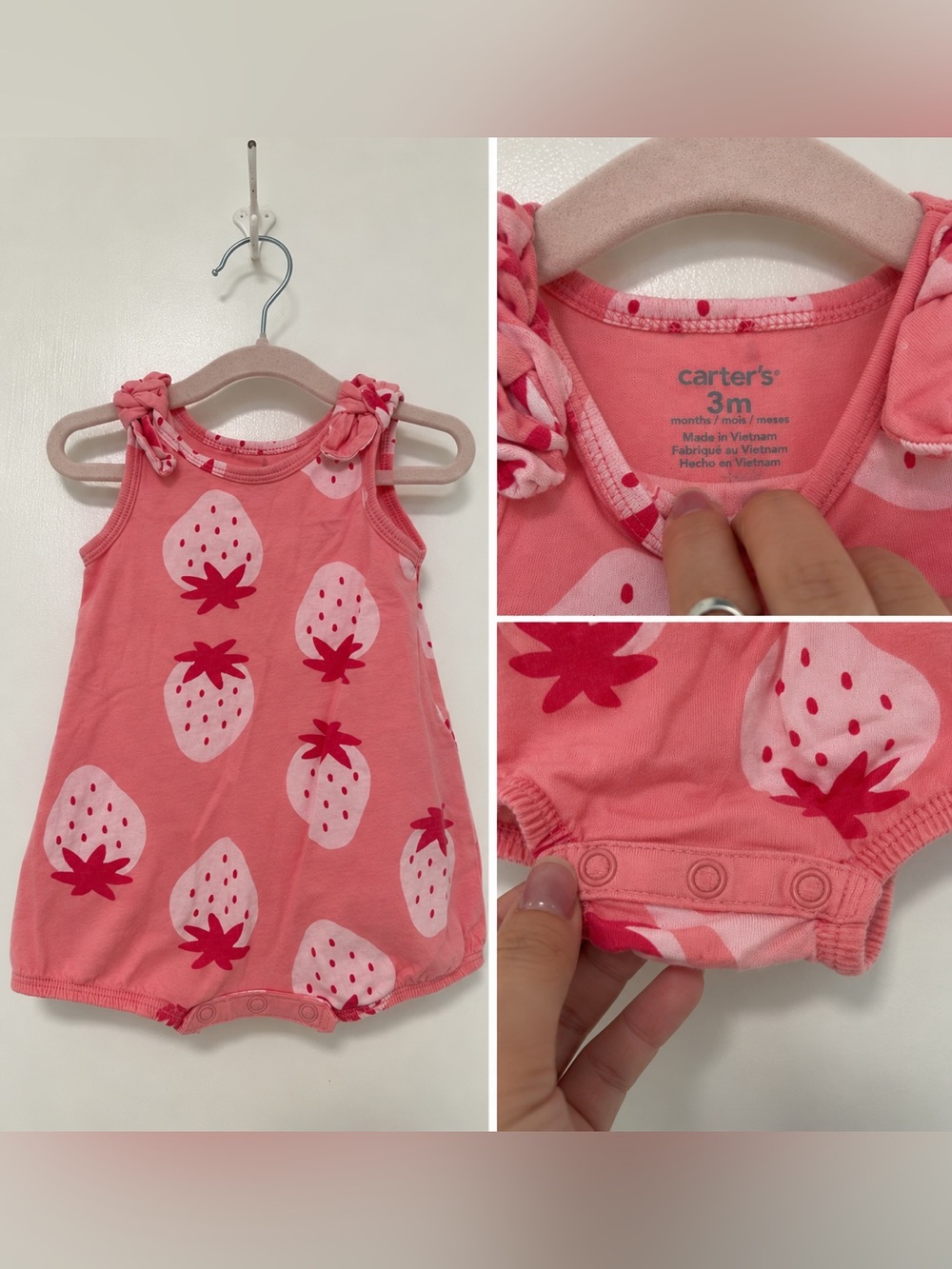 Carter's Coral Pink Strawberry Print Knot-Shoulder Romper